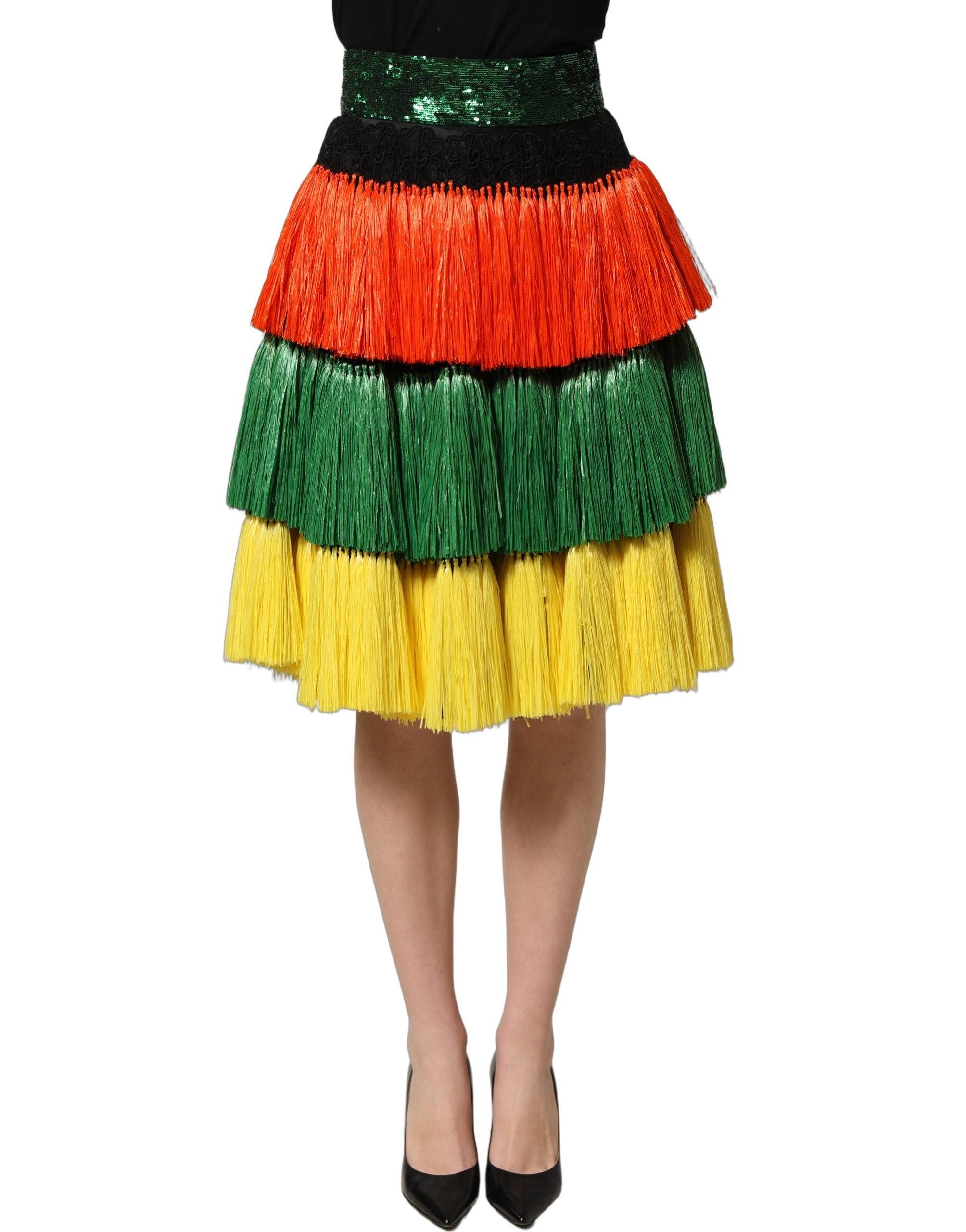 Dolce & Gabbana Multicolor Fringe Sequin High Waist Knee Length Skirt Dolce & Gabbana