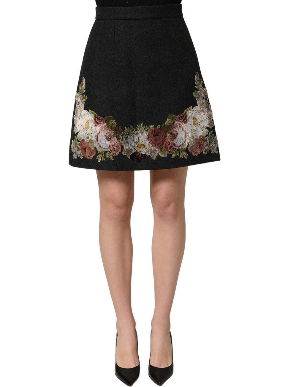 Dolce & Gabbana Black Floral Macramé High Waist A-line Skirt Dolce & Gabbana