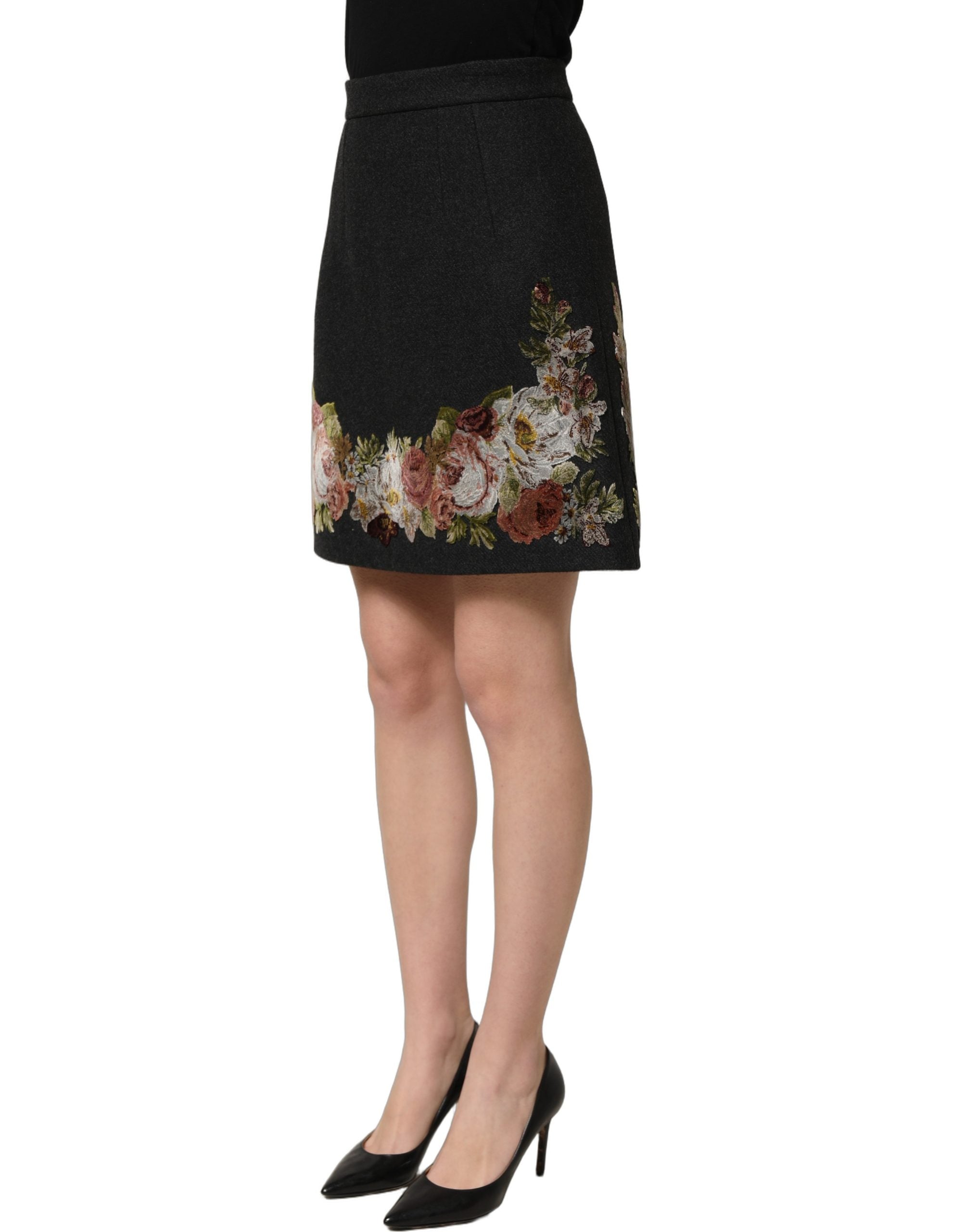 Dolce & Gabbana Black Floral Macramé High Waist A-line Skirt Dolce & Gabbana