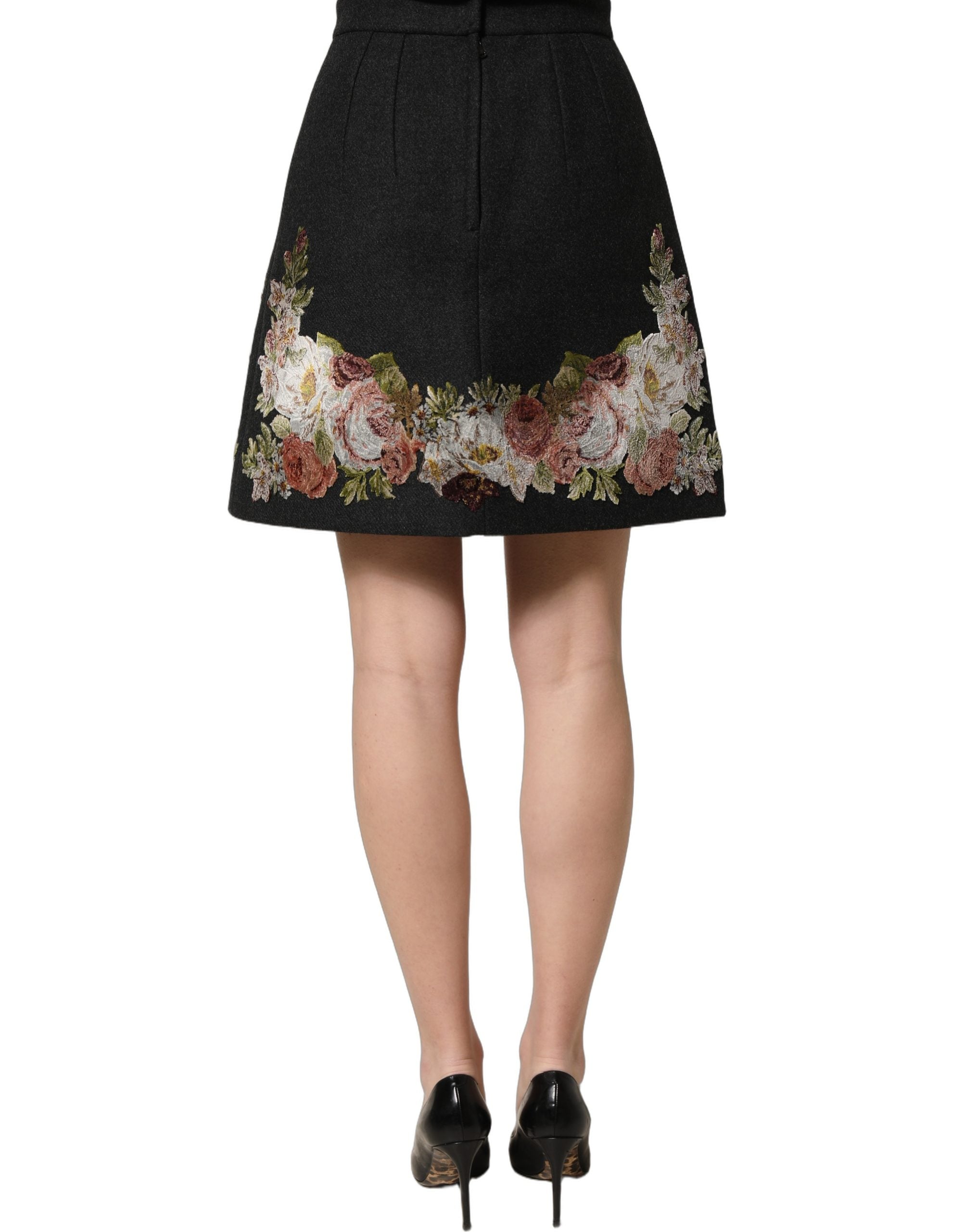 Dolce & Gabbana Black Floral Macramé High Waist A-line Skirt Dolce & Gabbana