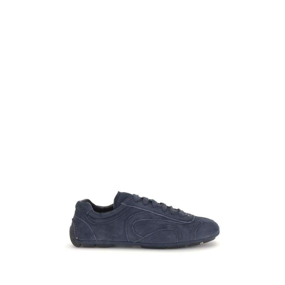 Prada Blue Calf Leather Bos Taurus Athletic Sneakers with white soles and sleek design, showcasing premium craftsmanship.