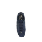 Prada Blue Calf Leather Bos Taurus Athletic Sneakers with white soles and sleek design.