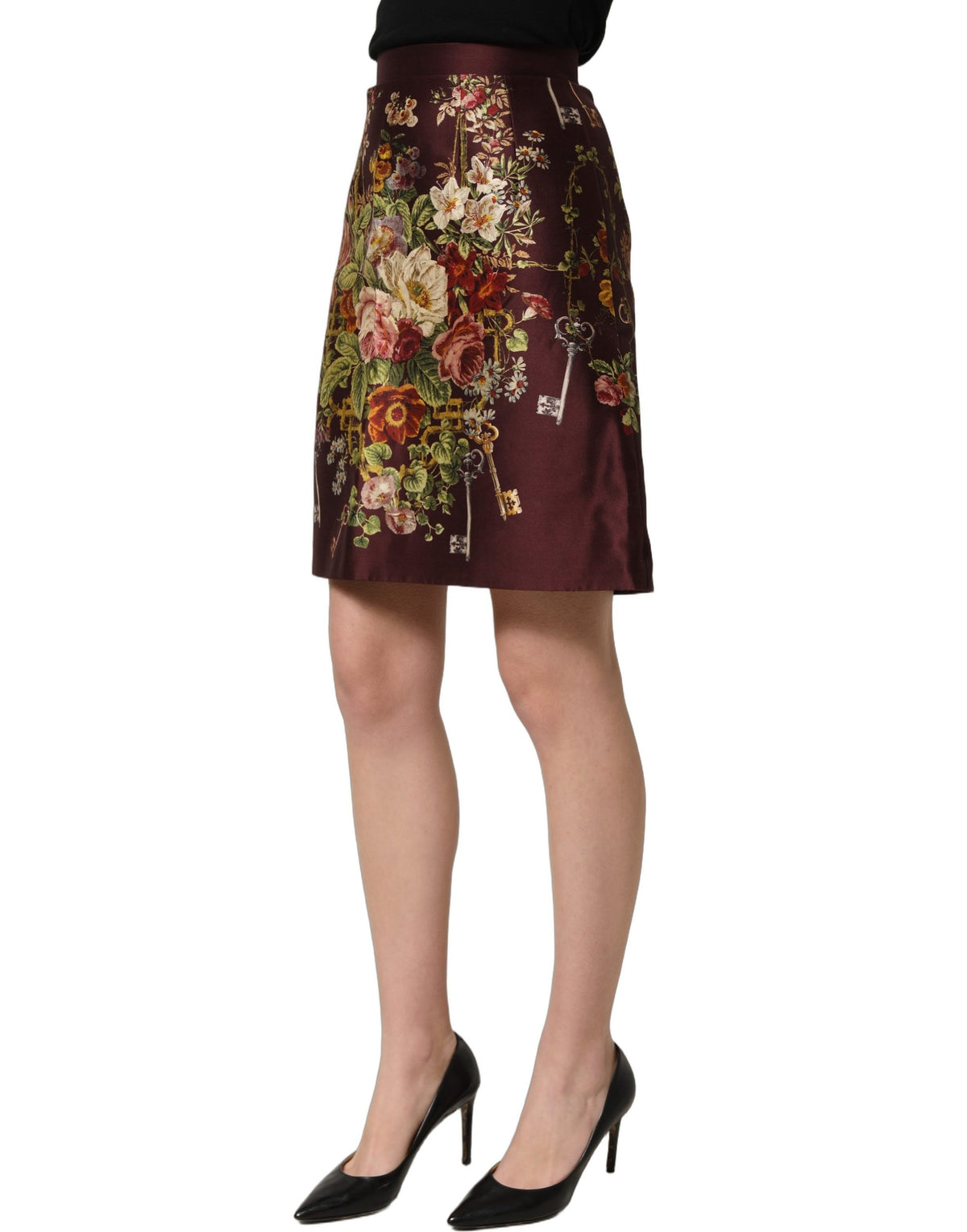 Dolce & Gabbana Burgundy Floral HighWaist A-line Mini Skirt Dolce & Gabbana