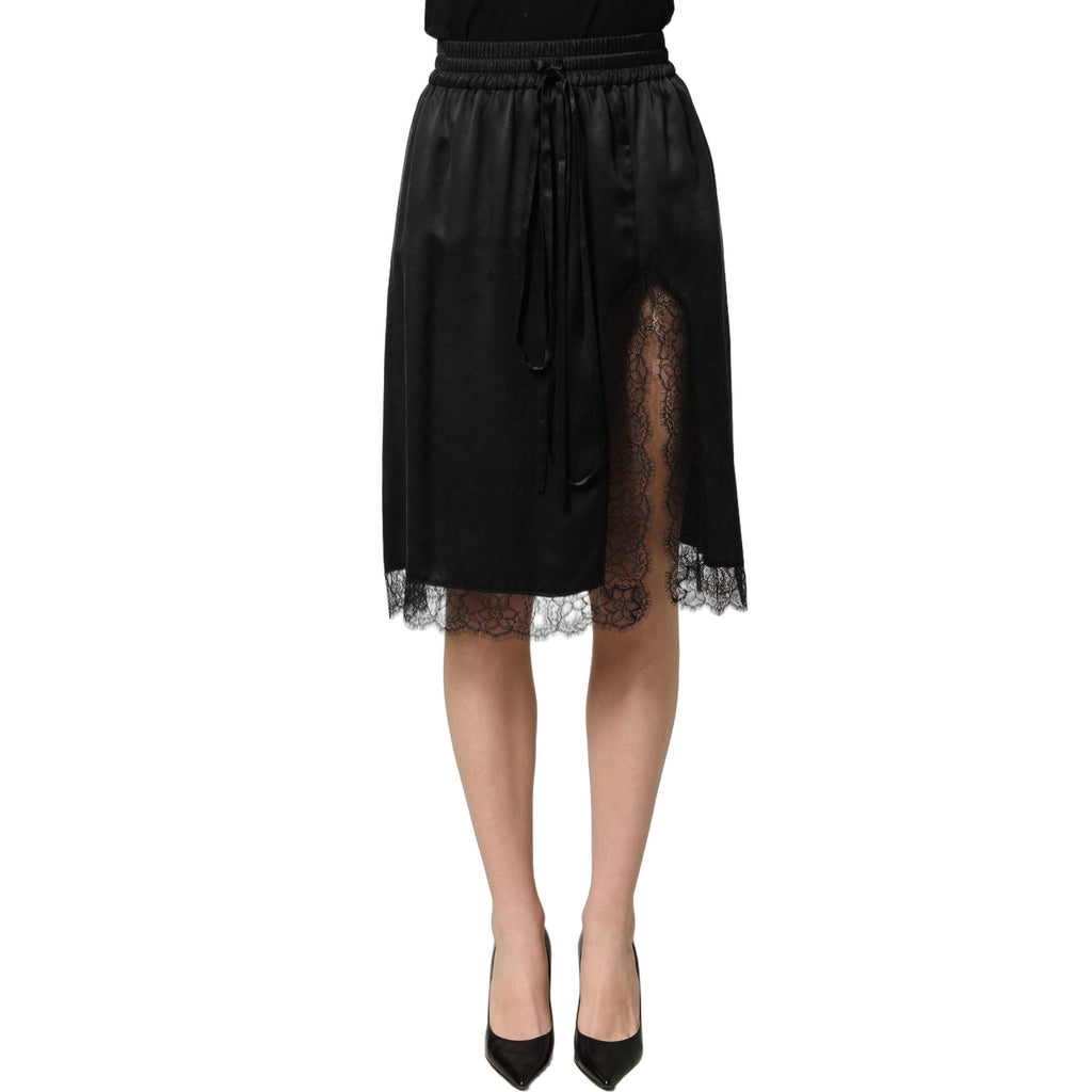 Dolce & Gabbana Black Lace Trimmed Satin Side Slit Skirt Dolce & Gabbana