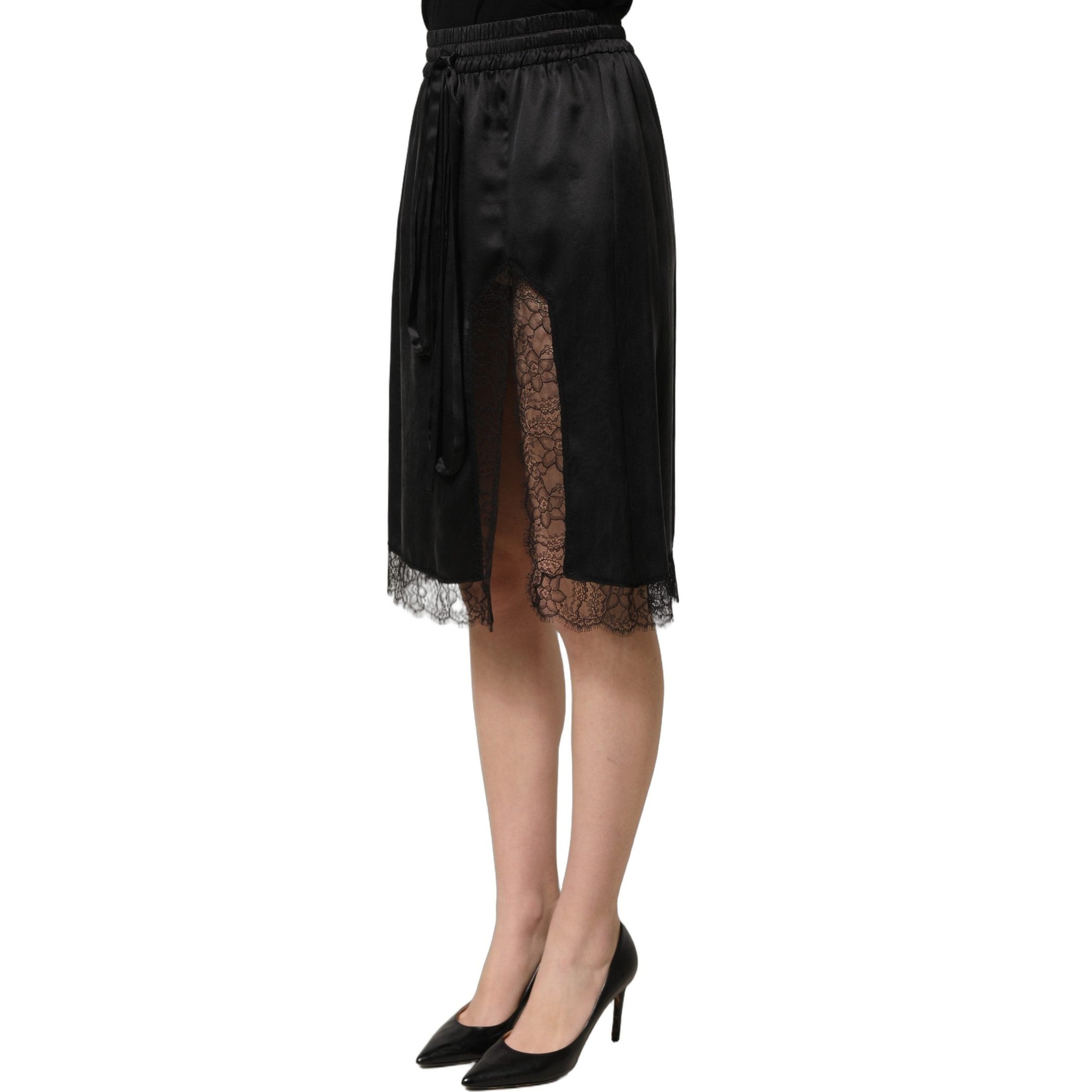 Dolce & Gabbana Black Lace Trimmed Satin Side Slit Skirt Dolce & Gabbana