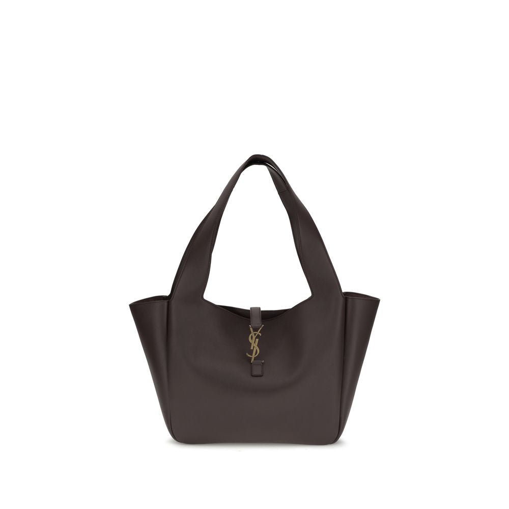 Saint Laurent Bos Taurus shoulder bag in brown calf leather with gold-tone hardware and adjustable strap on a plain background.