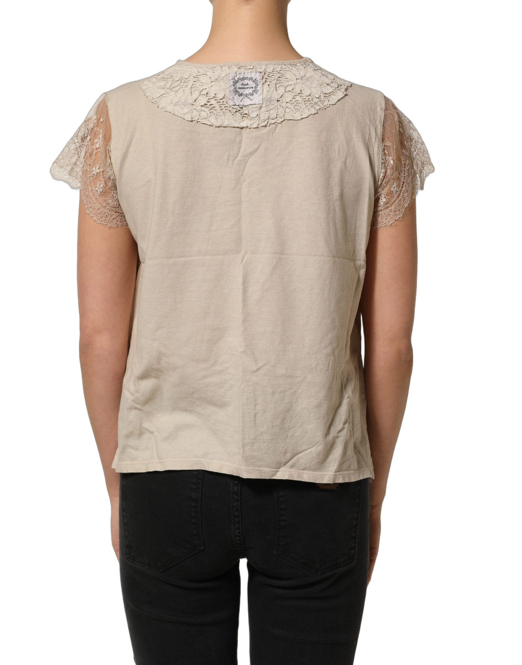 PINK MEMORIES Beige Cotton Lace Detailing Round Neck Top PINK MEMORIES