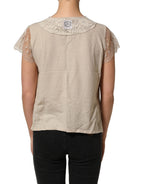 PINK MEMORIES Beige Cotton Lace Detailing Round Neck Top PINK MEMORIES