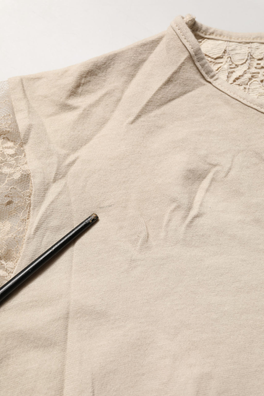 PINK MEMORIES Beige Cotton Lace Detailing Round Neck Top PINK MEMORIES