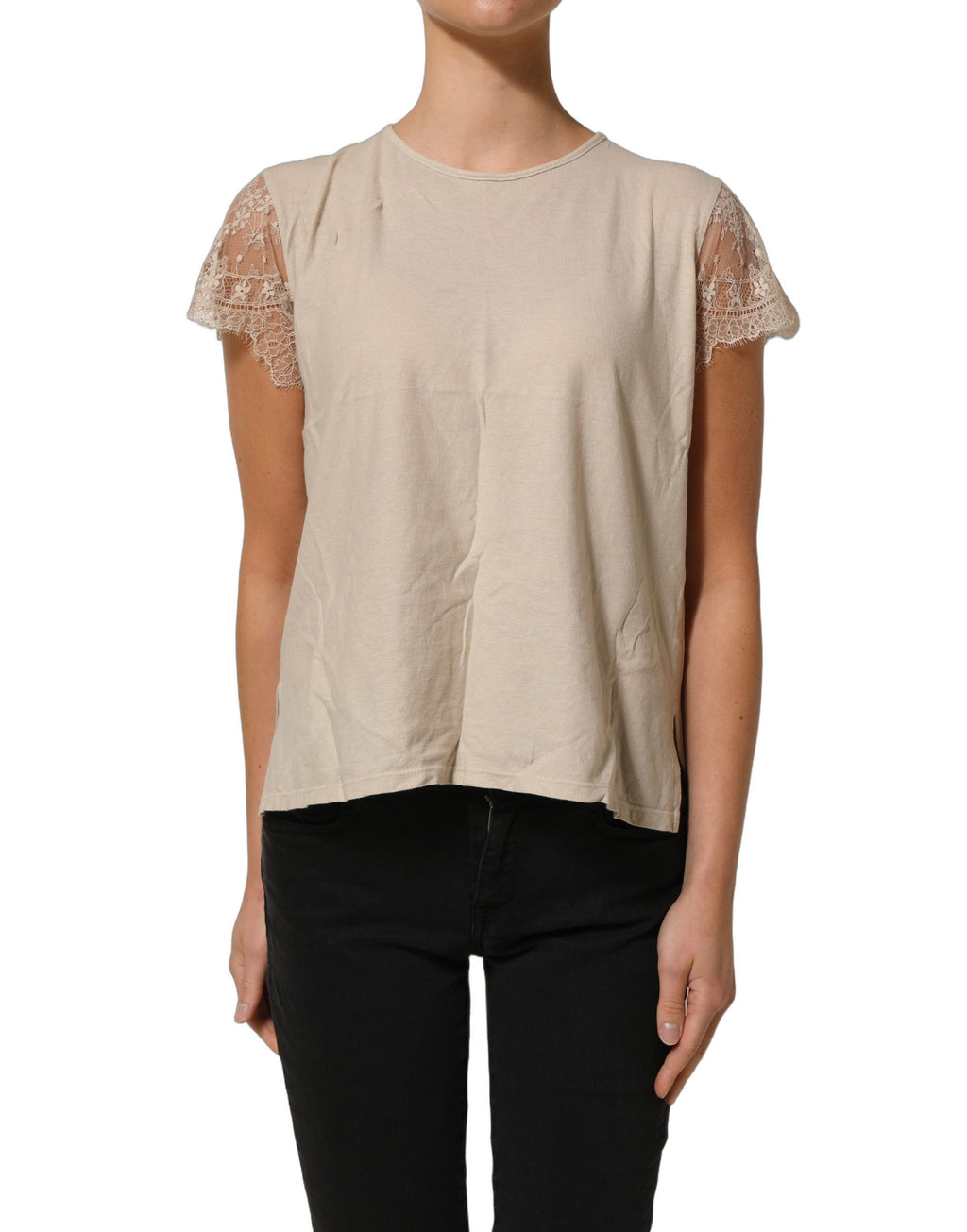 PINK MEMORIES Beige Cotton Lace Detailing Round Neck Top PINK MEMORIES