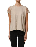 PINK MEMORIES Beige Cotton Lace Detailing Round Neck Top PINK MEMORIES