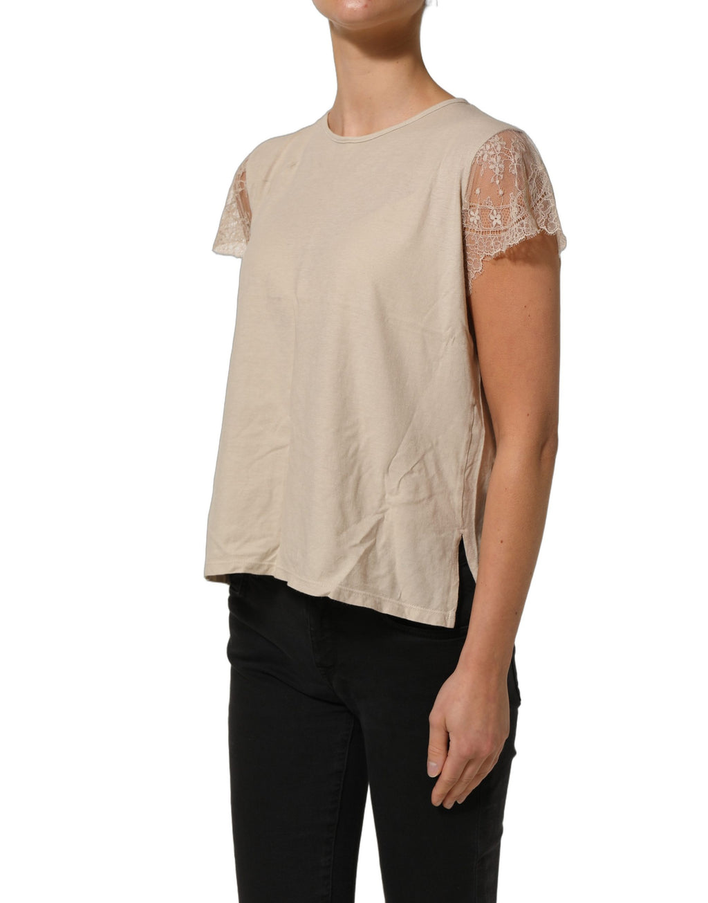 PINK MEMORIES Beige Cotton Lace Detailing Round Neck Top PINK MEMORIES
