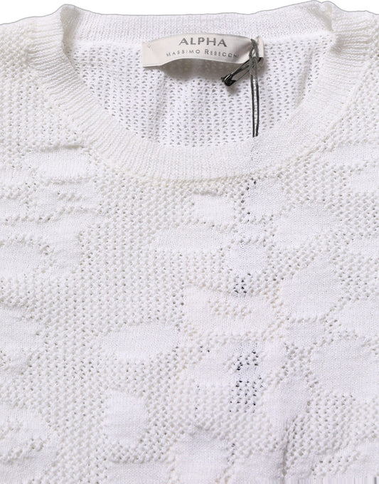 Alpha Studio White Floral Lace Knit Fabric Short Sleeves Blouse Top Alpha Studio