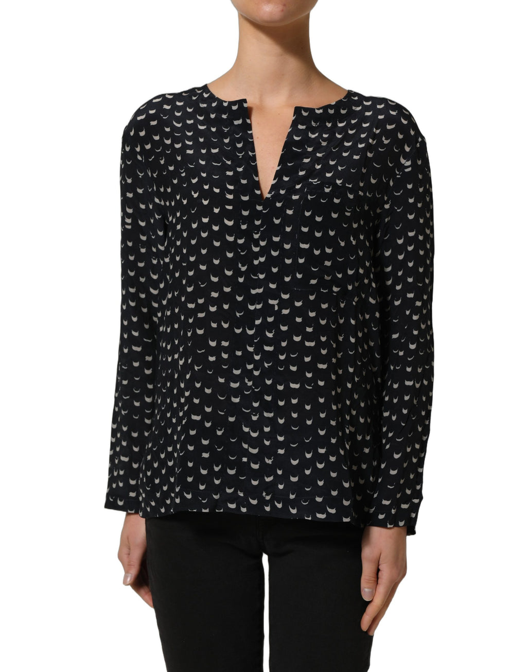 Bruno Manetti Black SIlk Long Sleeves Deep V-neck Blouse Top Bruno Manetti
