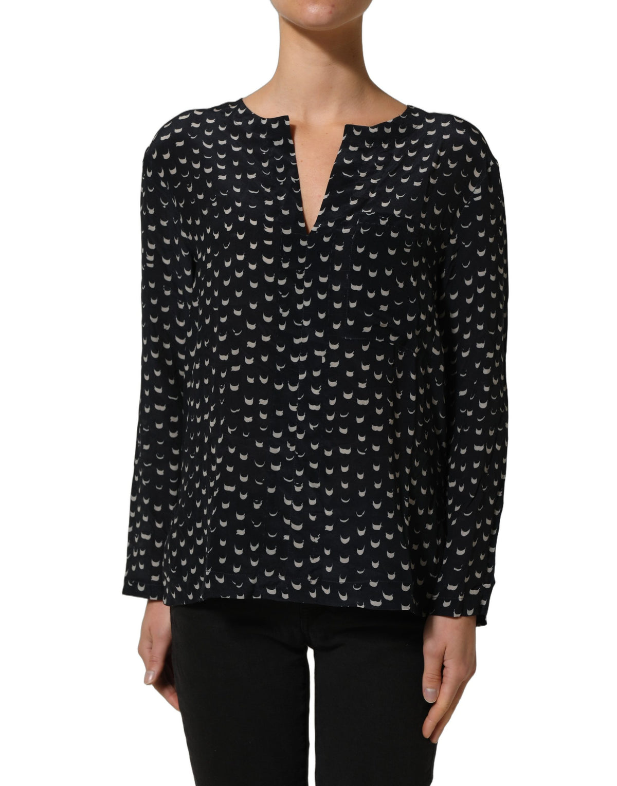 Bruno Manetti Black SIlk Long Sleeves Deep V-neck Blouse Top Bruno Manetti