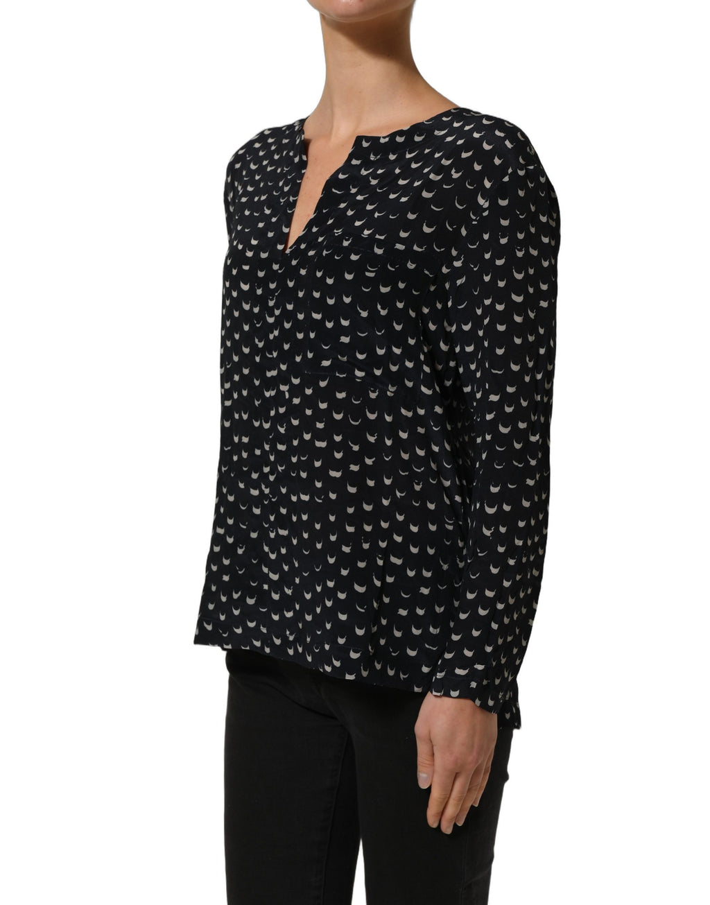 Bruno Manetti Black SIlk Long Sleeves Deep V-neck Blouse Top Bruno Manetti