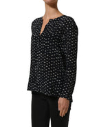 Bruno Manetti Black SIlk Long Sleeves Deep V-neck Blouse Top Bruno Manetti