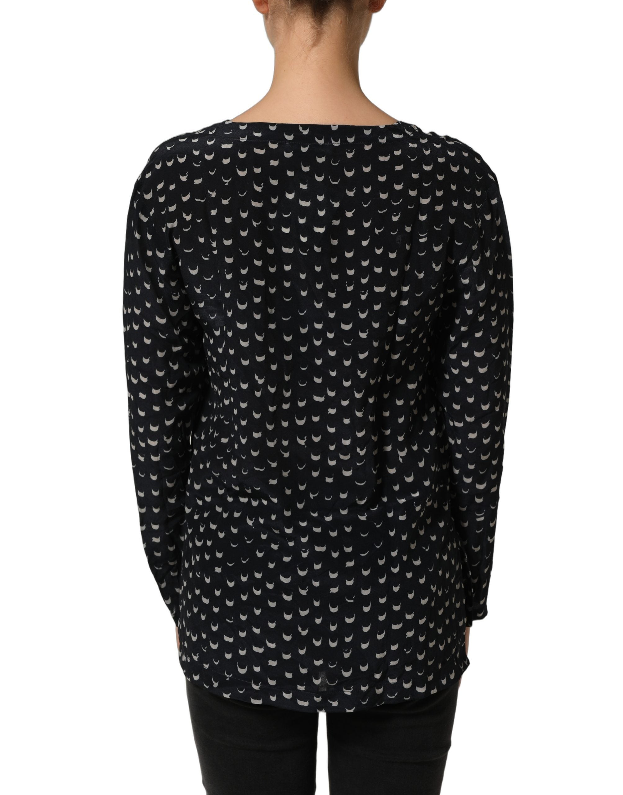 Bruno Manetti Black SIlk Long Sleeves Deep V-neck Blouse Top Bruno Manetti