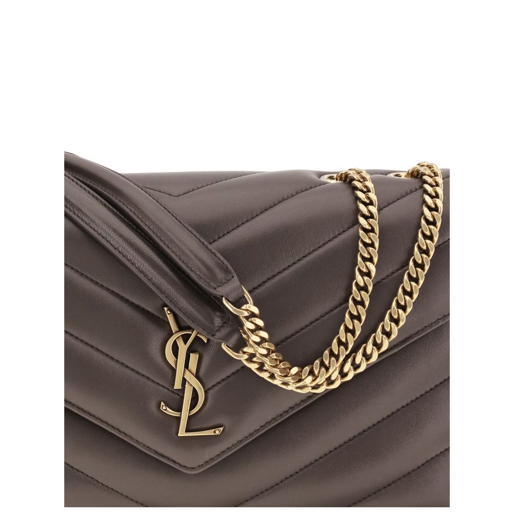 Saint Laurent gray lamb leather Ovis Aries shoulder bag with silver hardware and structured design on a plain background.