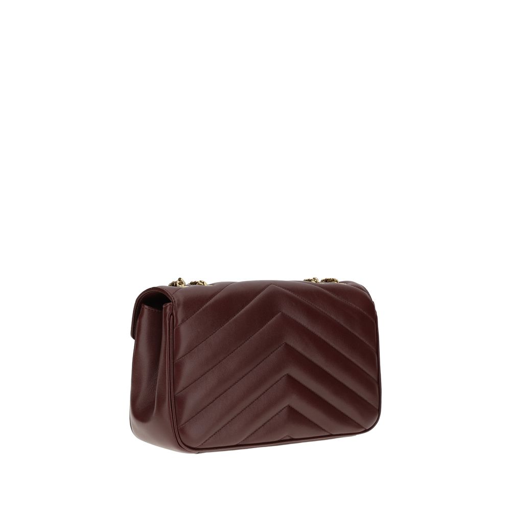 Saint Laurent Bordeaux Lamb Ovis Aries shoulder bag with gold hardware and adjustable strap, showcasing its luxurious design and craftsmanship.