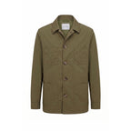 Malo green nylon men's jacket displayed on a hanger, featuring a sleek design, full zipper, and stand-up collar.