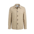 Malo beige linen men's jacket displayed on a hanger, showing a casual, lightweight style suitable for warm weather.