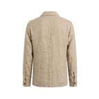Malo beige linen men's jacket displayed on a hanger, showcasing lightweight, breathable fabric and tailored fit.
