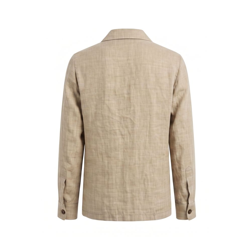 Malo beige linen men's jacket displayed on a hanger, showcasing lightweight, breathable fabric and tailored fit.