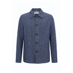 Blue linen men's jacket by Malo, shown on a hanger, featuring a classic tailored fit and lightweight fabric for warm weather.