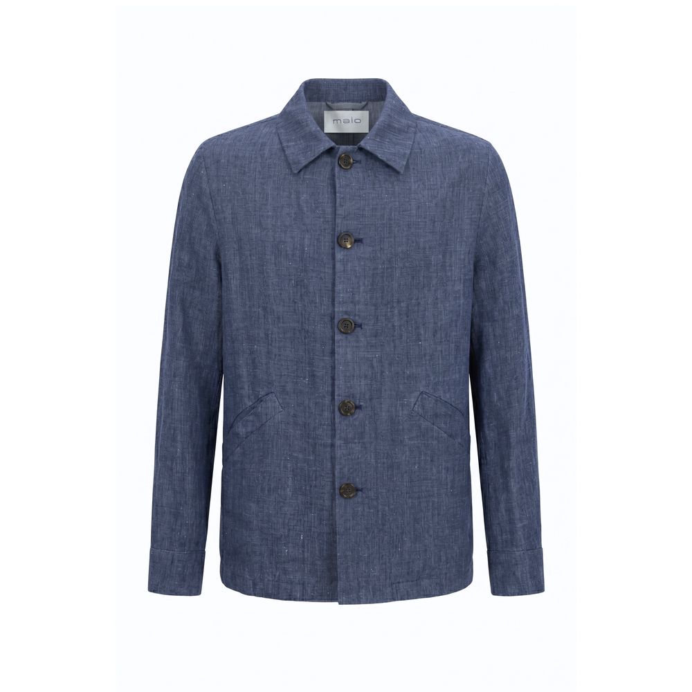 Blue linen men's jacket by Malo, shown on a hanger, featuring a classic tailored fit and lightweight fabric for warm weather.