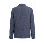 Malo blue linen men's jacket displayed on a hanger, showcasing lightweight fabric and tailored fit for casual or smart-casual wear