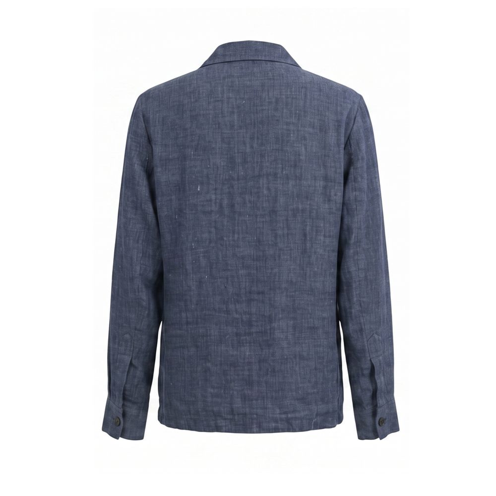 Malo blue linen men's jacket displayed on a hanger, showcasing lightweight fabric and tailored fit for casual or smart-casual wear
