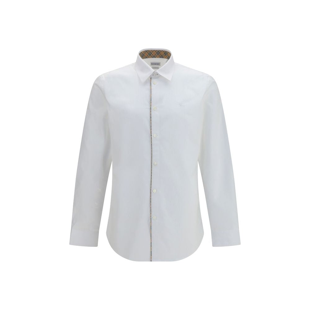 Burberry white cotton dress shirt with classic collar and button-down front, tailored for a sophisticated look.