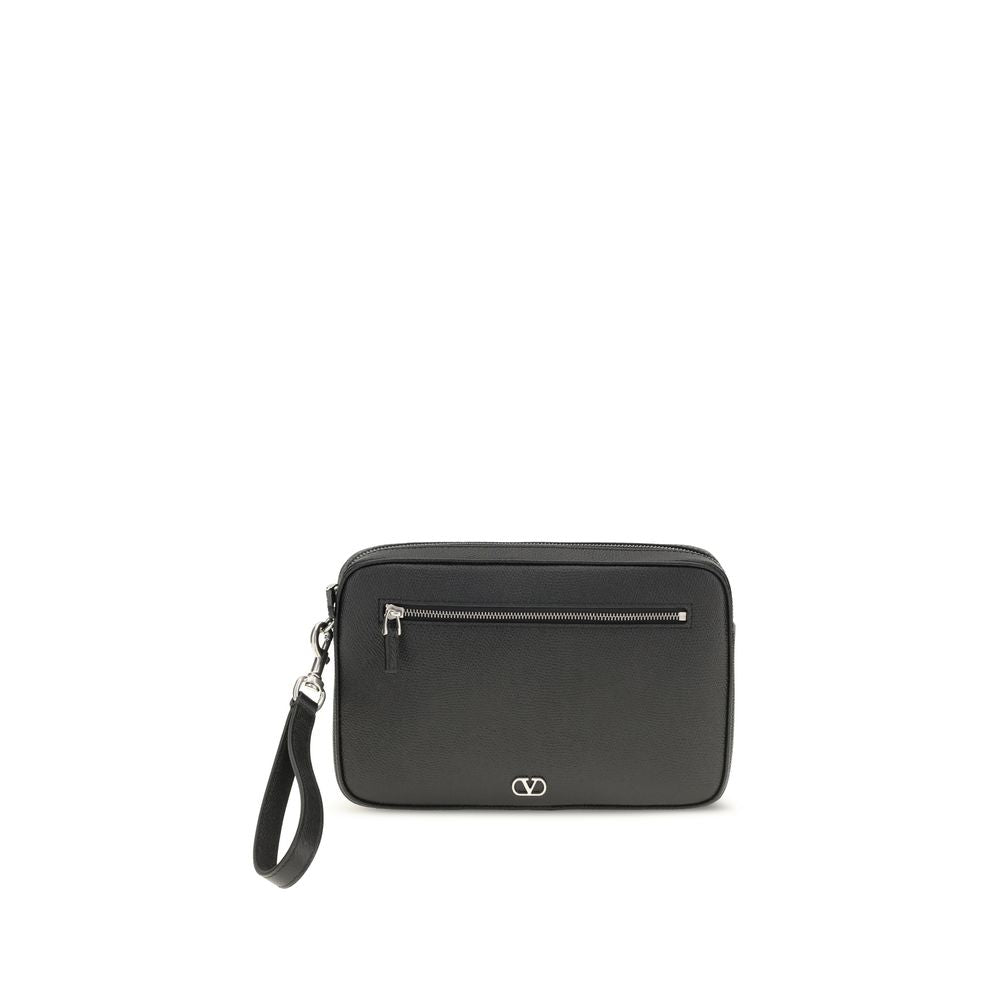 Valentino Garavani black calf leather Bos Taurus handbag with gold-tone hardware and structured design.