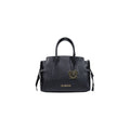 Love Moschino black polyethylene handbag with gold-tone hardware and bold logo print, featuring top handles and a spacious interior.