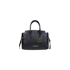 Love Moschino black polyethylene handbag with gold-tone hardware and bold logo print, featuring top handles and a spacious interior.