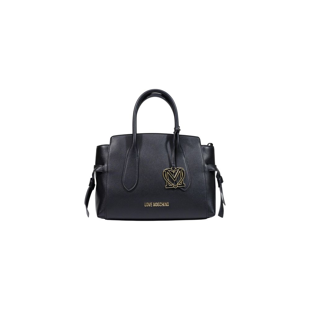 Love Moschino black polyethylene handbag with gold-tone hardware and bold logo print, featuring top handles and a spacious interior.