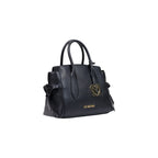 Black Love Moschino polyethylene handbag with silver hardware and structured design, featuring the brand's logo on the front.