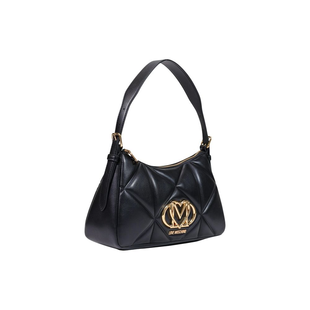 Love Moschino black polyethylene handbag with gold-tone hardware and structured design, featuring the brand logo on the front.