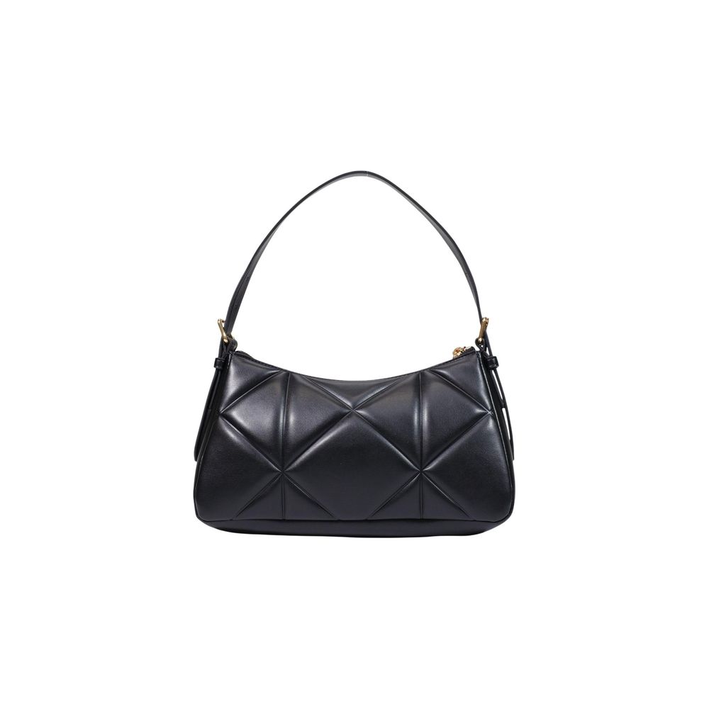 Black Love Moschino polyethylene handbag with bold logo print and sleek design, featuring top handles and zipper closure.