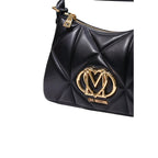Love Moschino black polyethylene handbag with structured design and silver-tone hardware, featuring a top handle and logo detail.