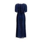 Self-Portrait blue polyester cocktail dress with fitted bodice and elegant design, displayed on a hanger.