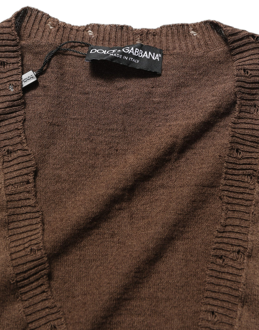 Dolce & Gabbana Brown Flax Buttoned V-neck Pullover Sweater Dolce & Gabbana