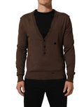 Dolce & Gabbana brown flax buttoned V-neck sweater with long sleeves and ribbed hem, displayed on a neutral background.
