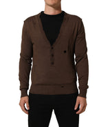 Dolce & Gabbana Brown Flax Buttoned V-neck Pullover Sweater Dolce & Gabbana