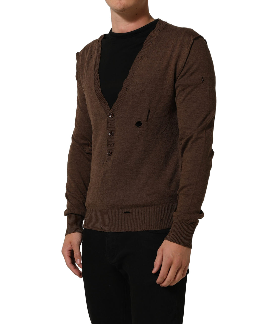 Dolce & Gabbana Brown Flax Buttoned V-neck Pullover Sweater Dolce & Gabbana