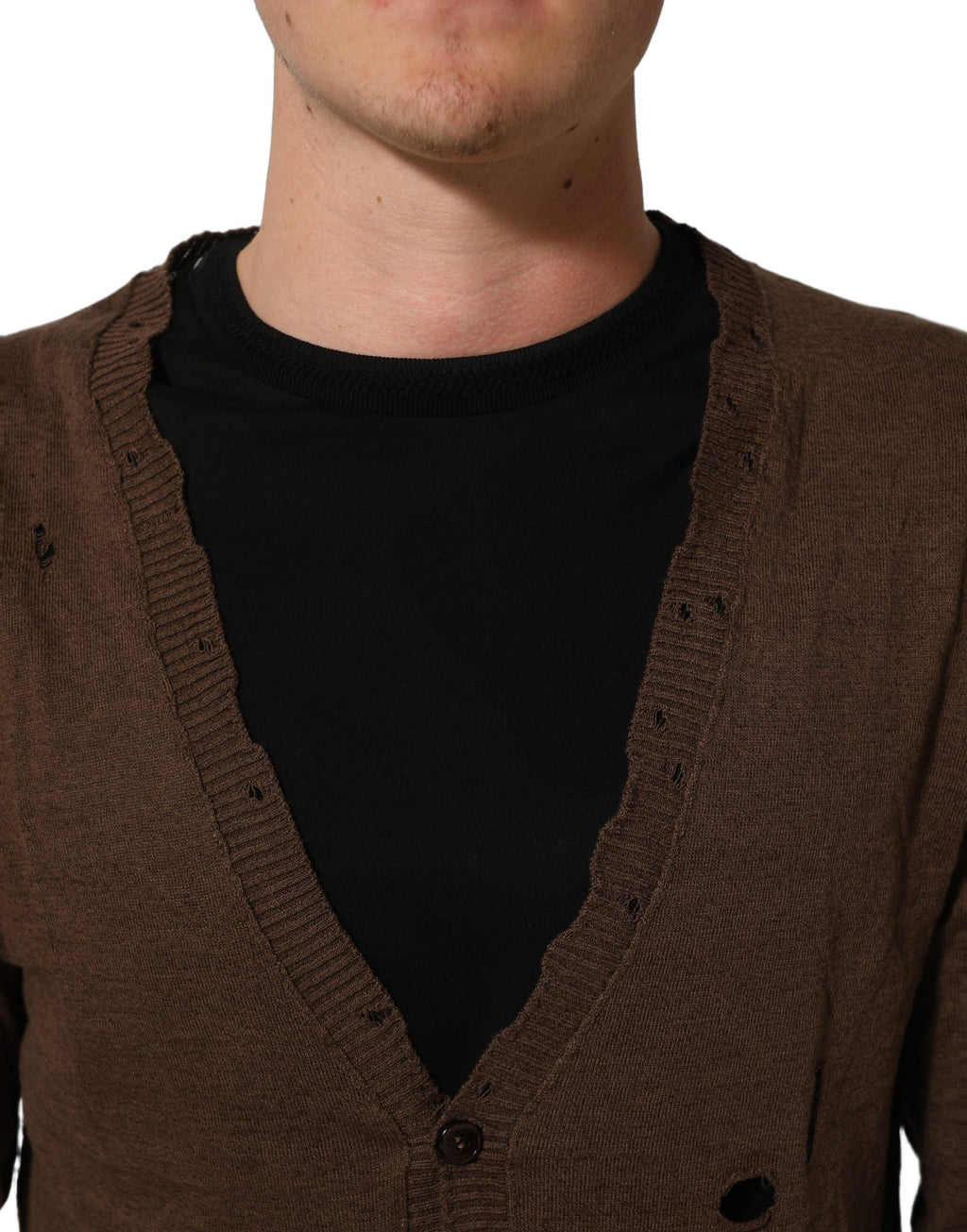 Dolce & Gabbana Brown Flax Buttoned V-neck Pullover Sweater Dolce & Gabbana