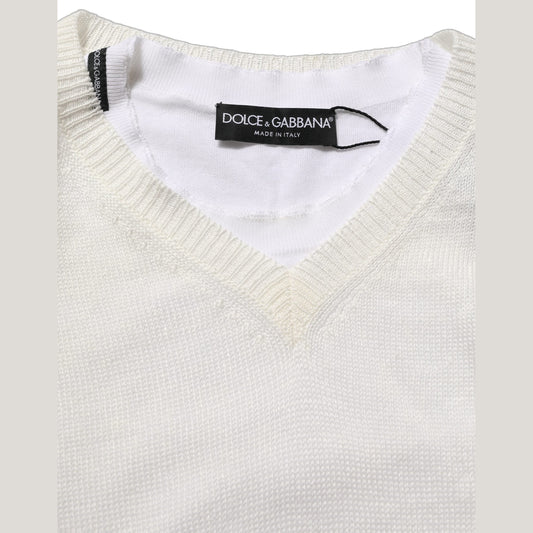 Dolce & Gabbana White Flax CrewNeck Layered Pullover Sweater Dolce & Gabbana