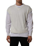 Dolce & Gabbana white flax crewneck layered pullover sweater displayed on a hanger, showcasing its textured fabric and stylish design.