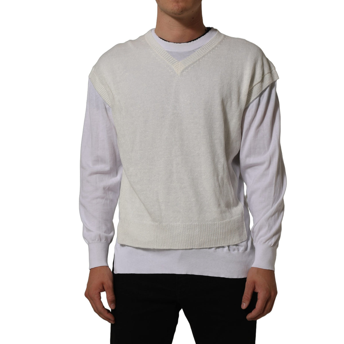 Dolce & Gabbana White Flax CrewNeck Layered Pullover Sweater Dolce & Gabbana